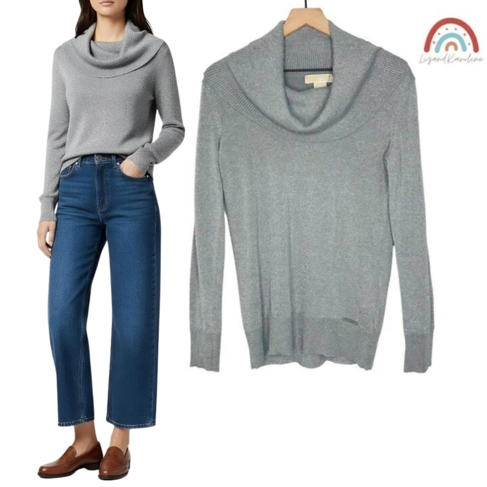 Michael Kors Cowl Neck Knit Silver Metallic Sweater Petite
